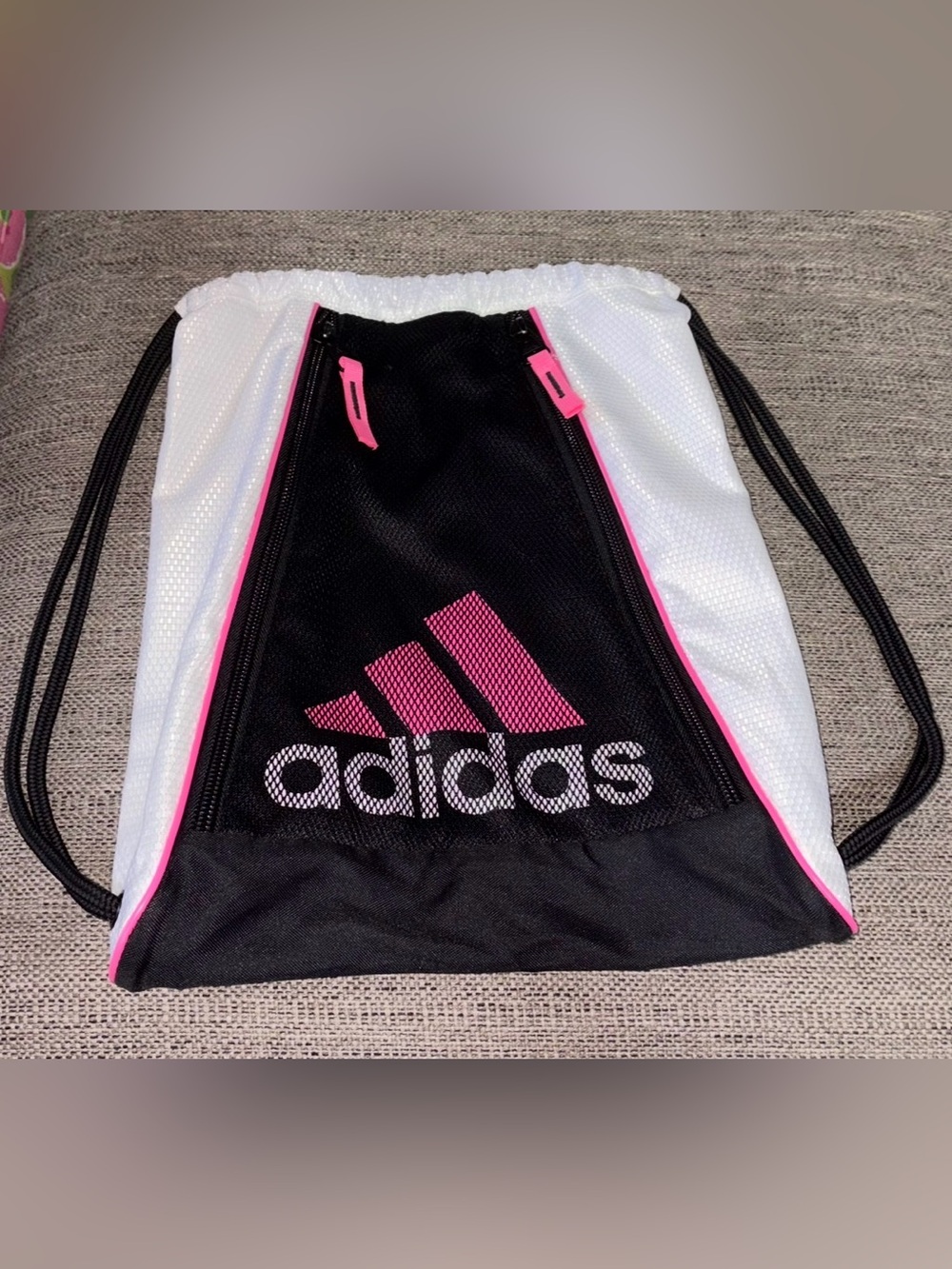ADIDAS MESH AND NYLON BACKPACK DRAWSTRING CINCH TOTE BLACK HOT PINK & WHITE EUC